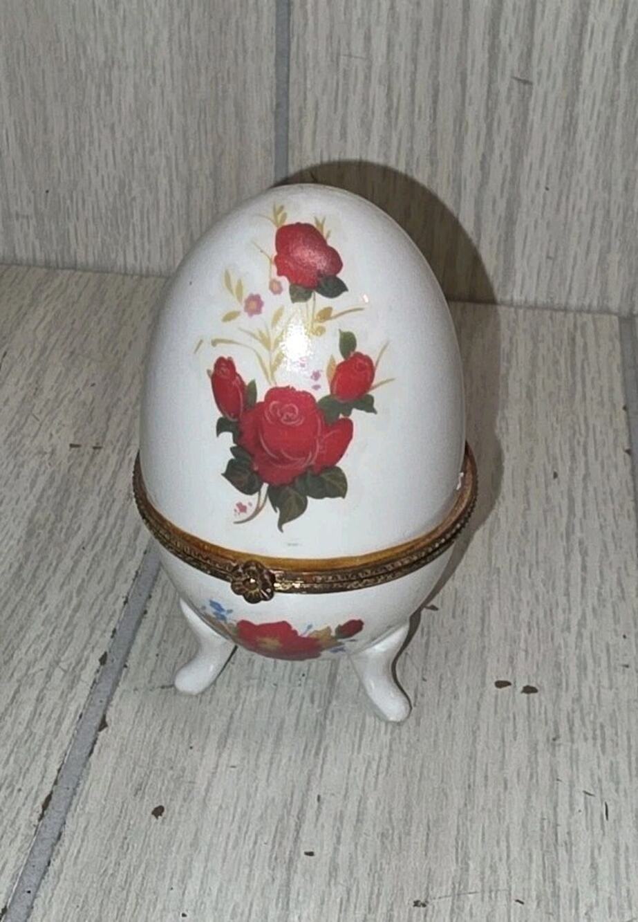 VINTAGE 4" Porcelain Egg Rose's Floral Hinged Gold Trim Trinket Box